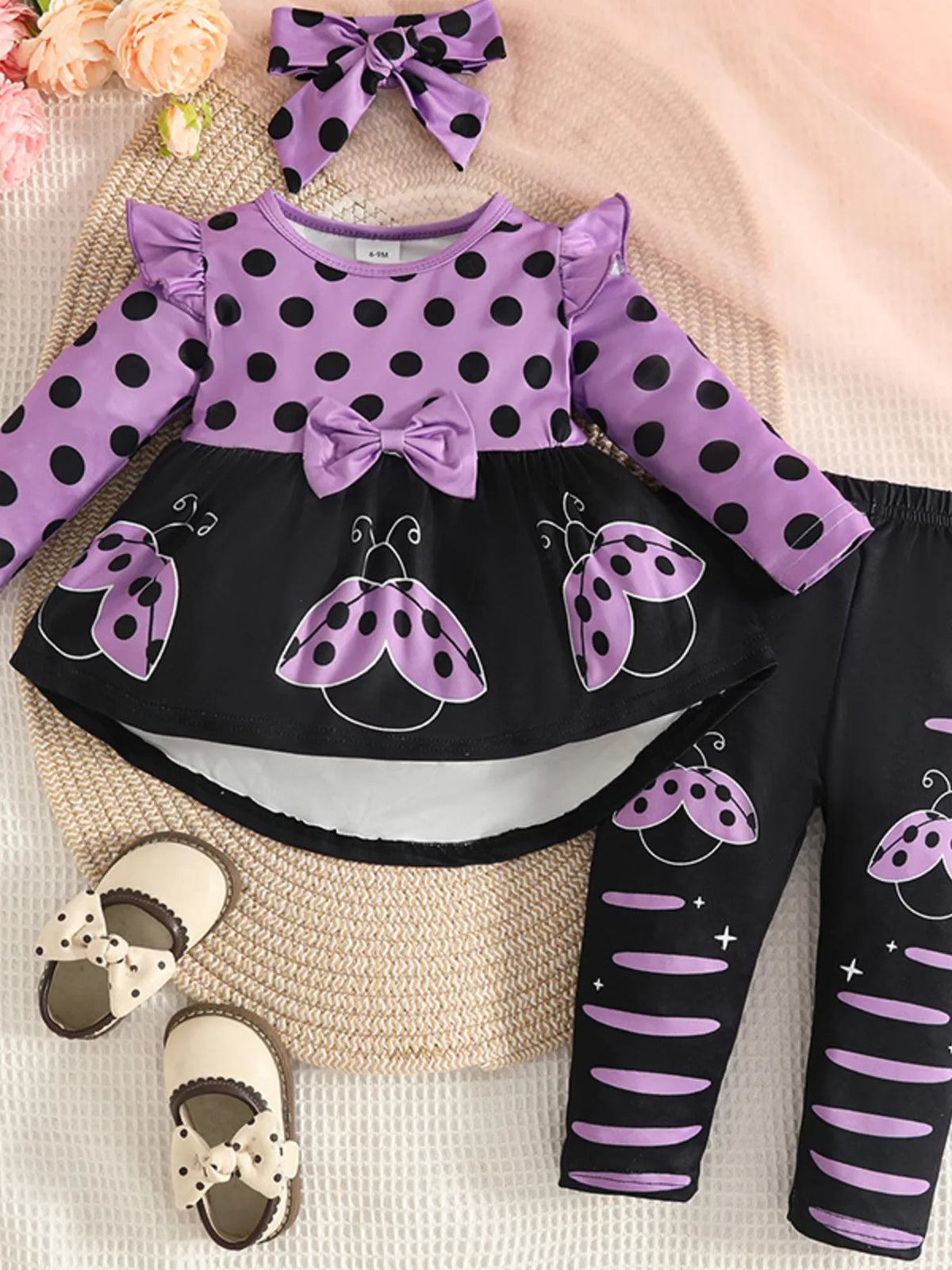 Children's Ladybug Polka Dot Ruffle Trim Top and Pants Set with Headband - WYNFLARE