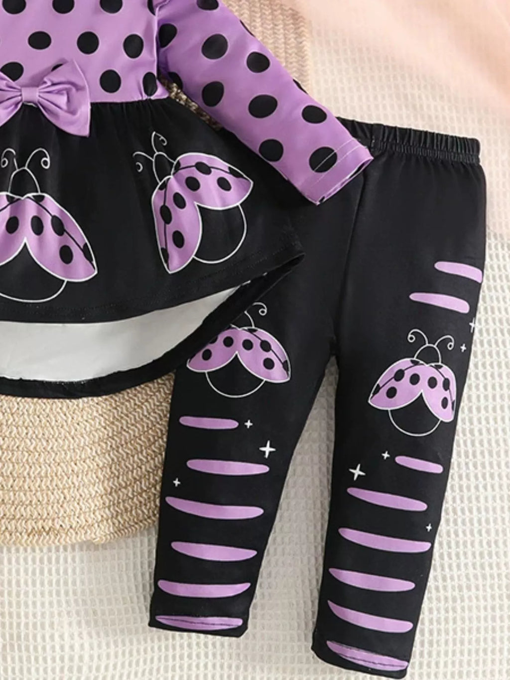 Children's Ladybug Polka Dot Ruffle Trim Top and Pants Set with Headband - WYNFLARE