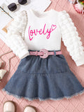 Children's Letter Long Sleeve Top and Denim Skirt Set - WYNFLARE