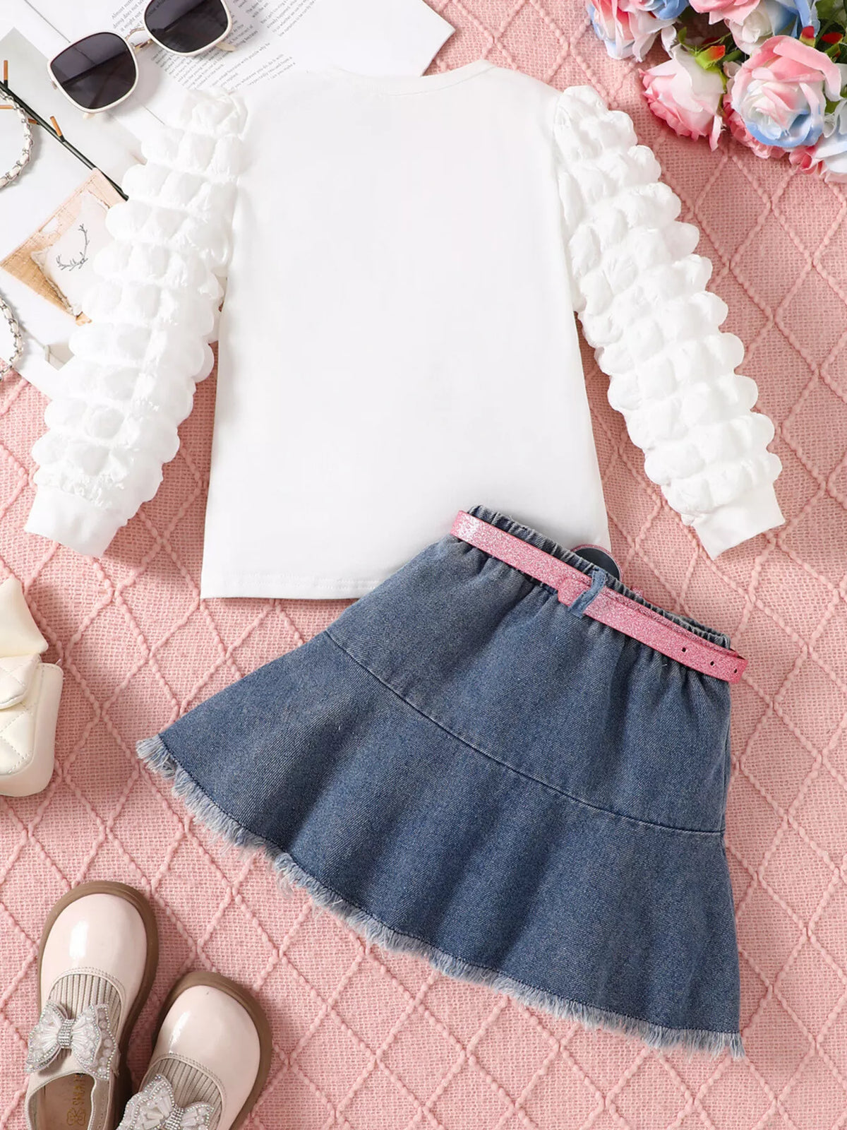 Children's Letter Long Sleeve Top and Denim Skirt Set - WYNFLARE