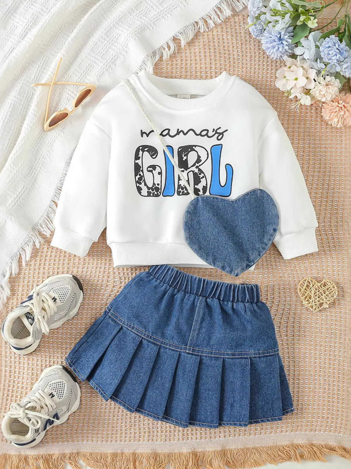 Children's Letter Long Sleeve Top and Denim Skirt Set with Heart Bag - WYNFLARE