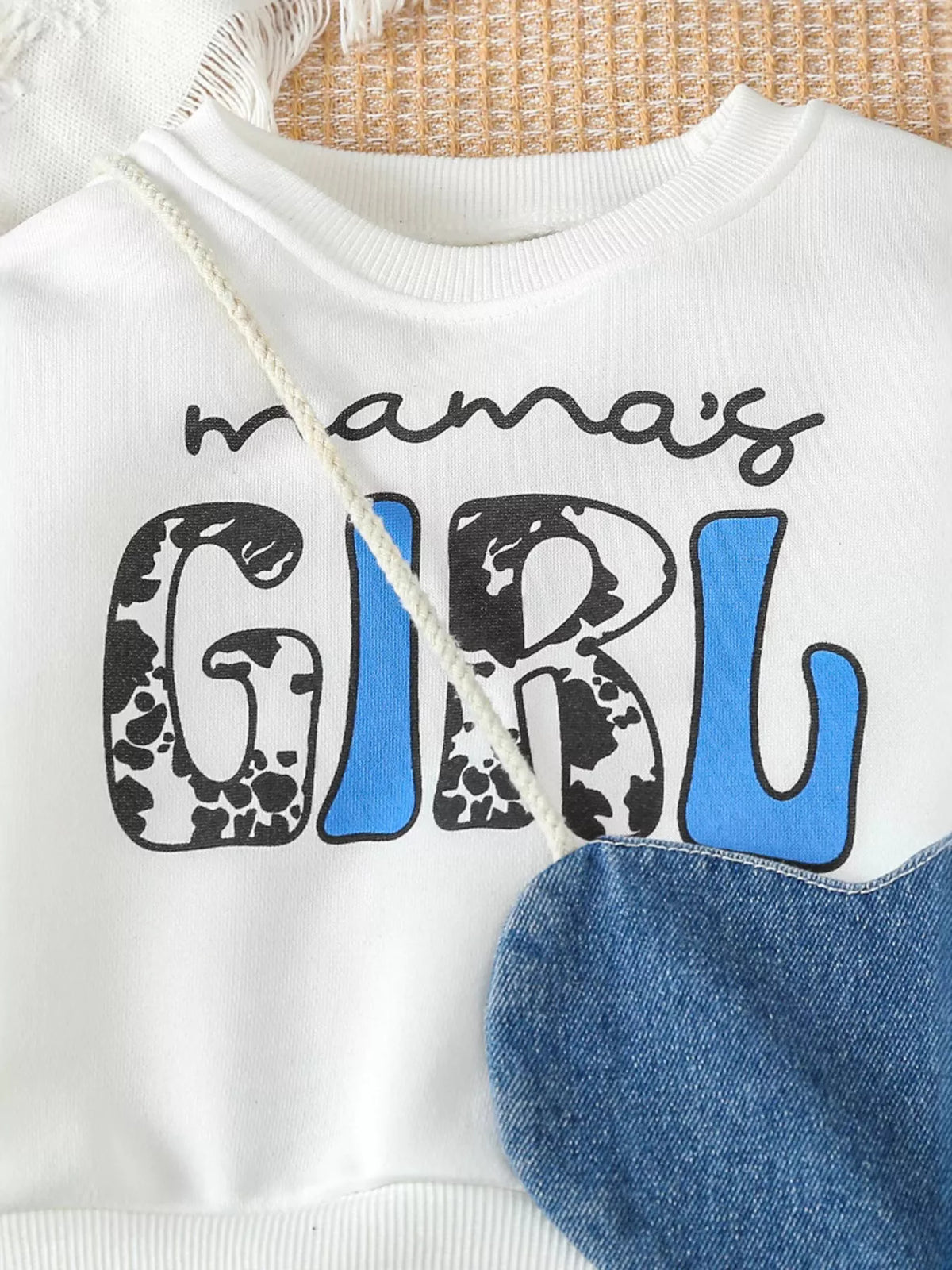 Children's Letter Long Sleeve Top and Denim Skirt Set with Heart Bag - WYNFLARE