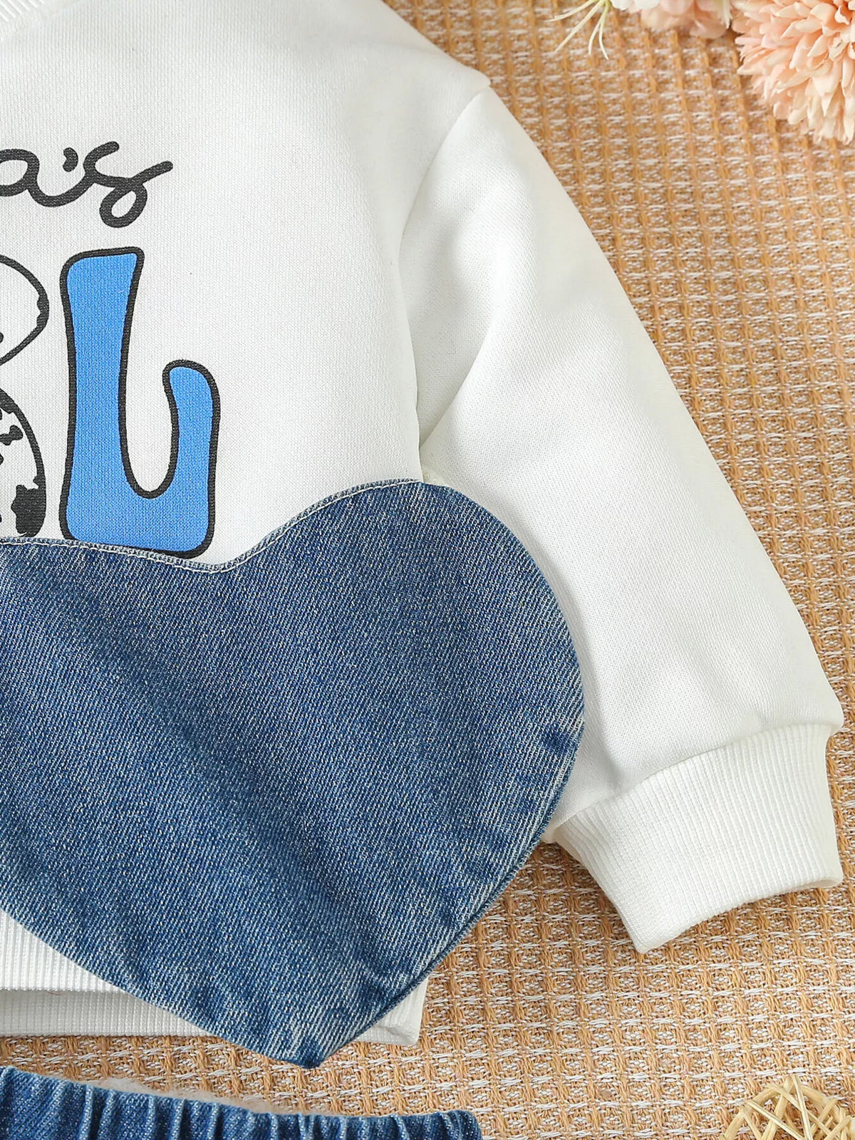 Children's Letter Long Sleeve Top and Denim Skirt Set with Heart Bag - WYNFLARE