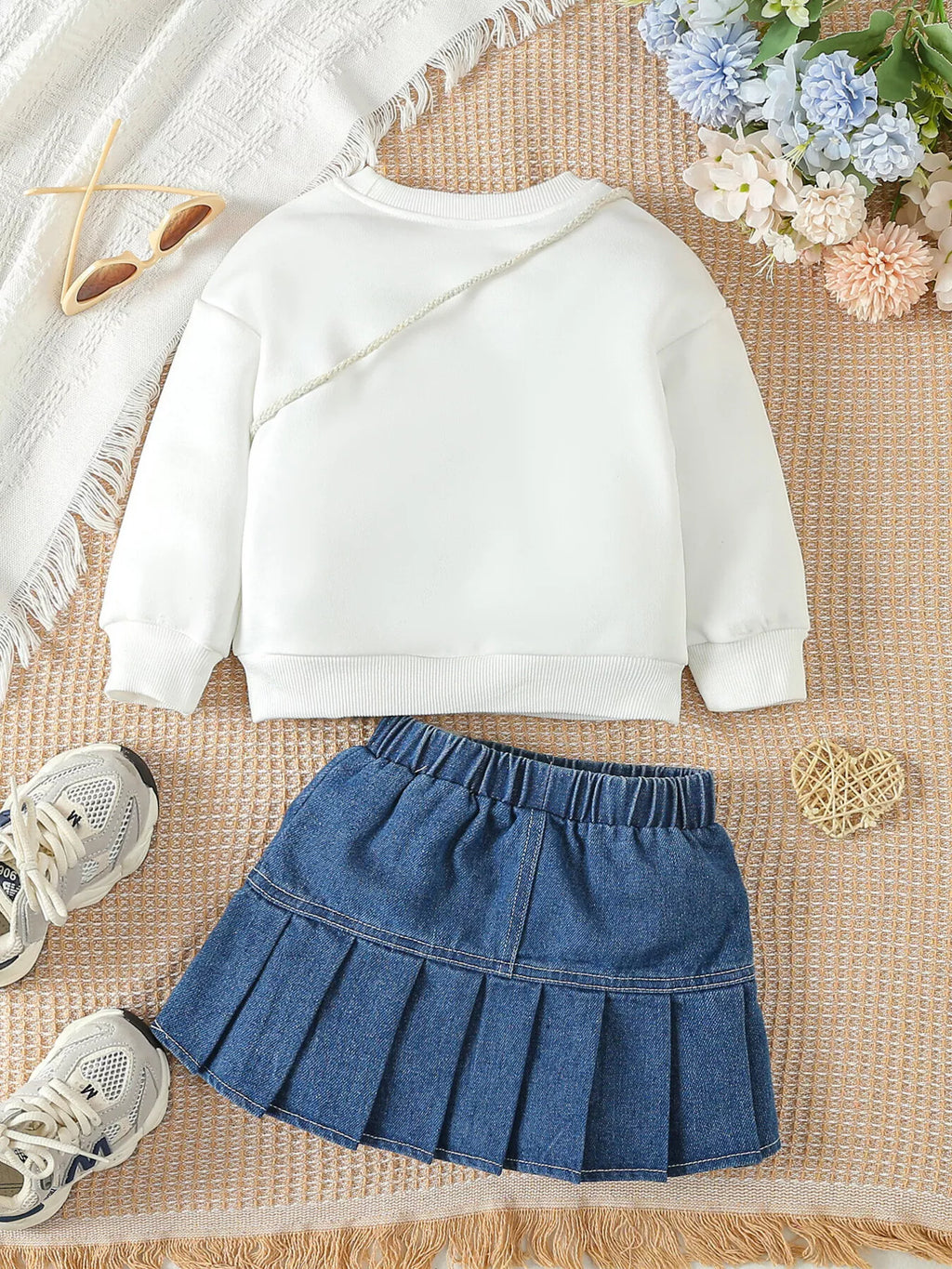 Children's Letter Long Sleeve Top and Denim Skirt Set with Heart Bag - WYNFLARE