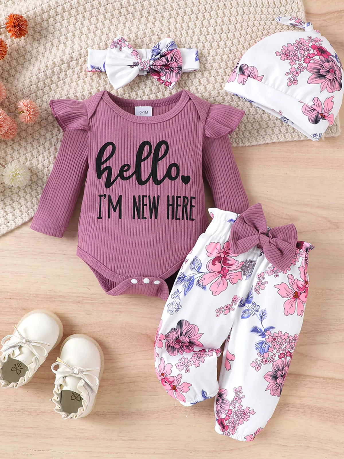 Children's Letter Ribbed Bodysuit and Pants Set with Headband & Hat - WYNFLARE