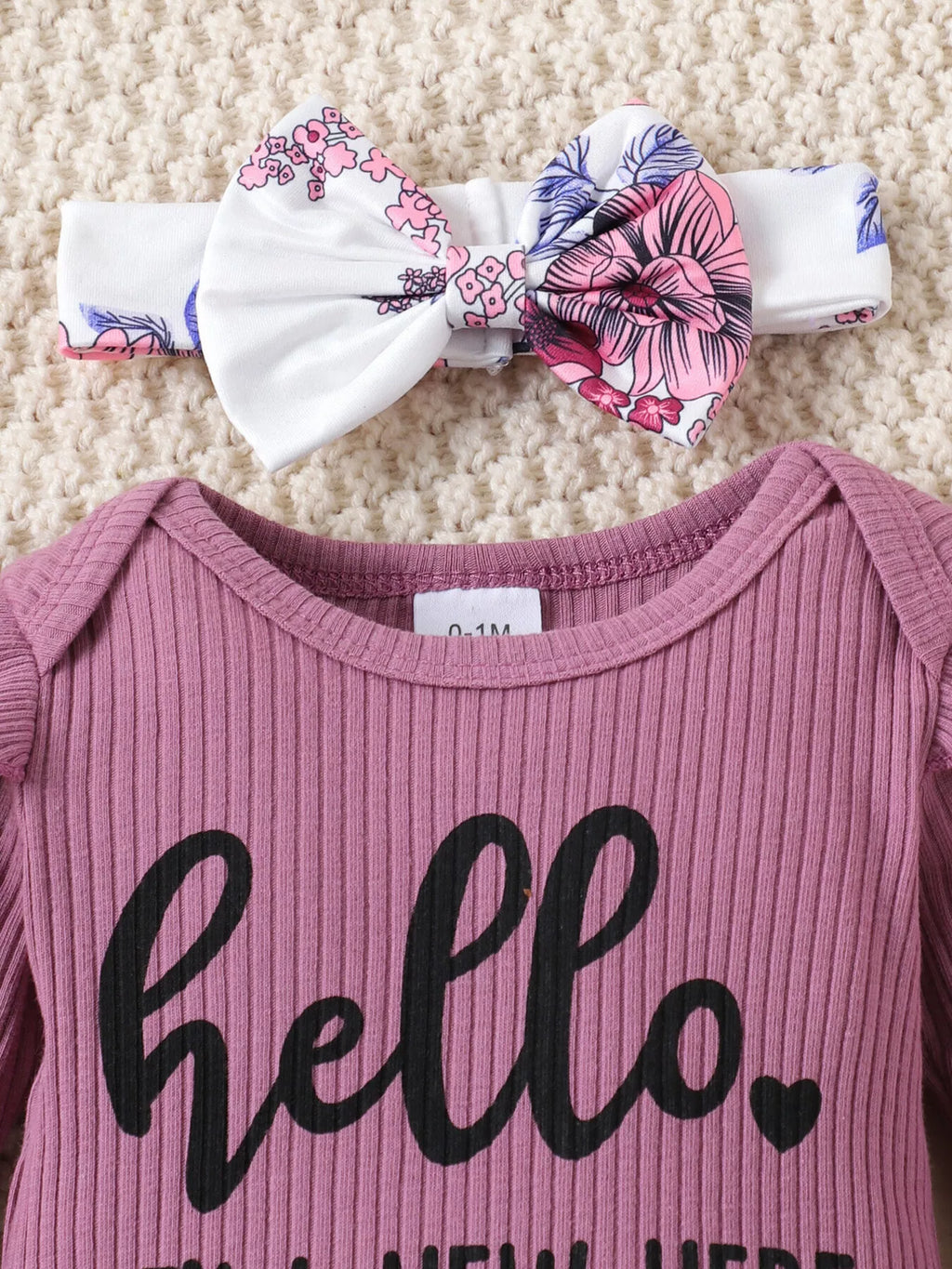 Children's Letter Ribbed Bodysuit and Pants Set with Headband & Hat - WYNFLARE