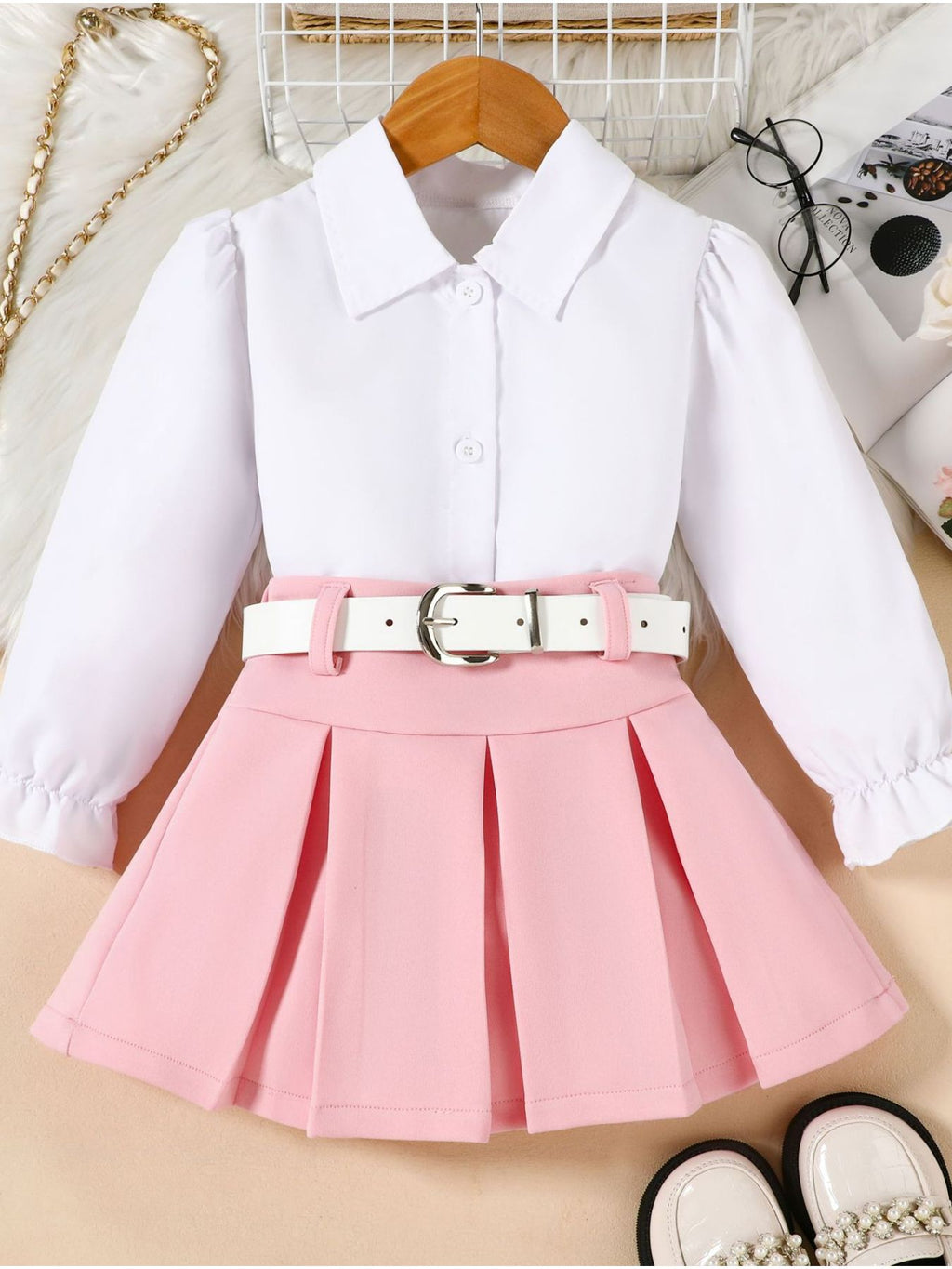 Children's Long Sleeve Shirt & Pleated Skirt Set with Belt - WYNFLARE
