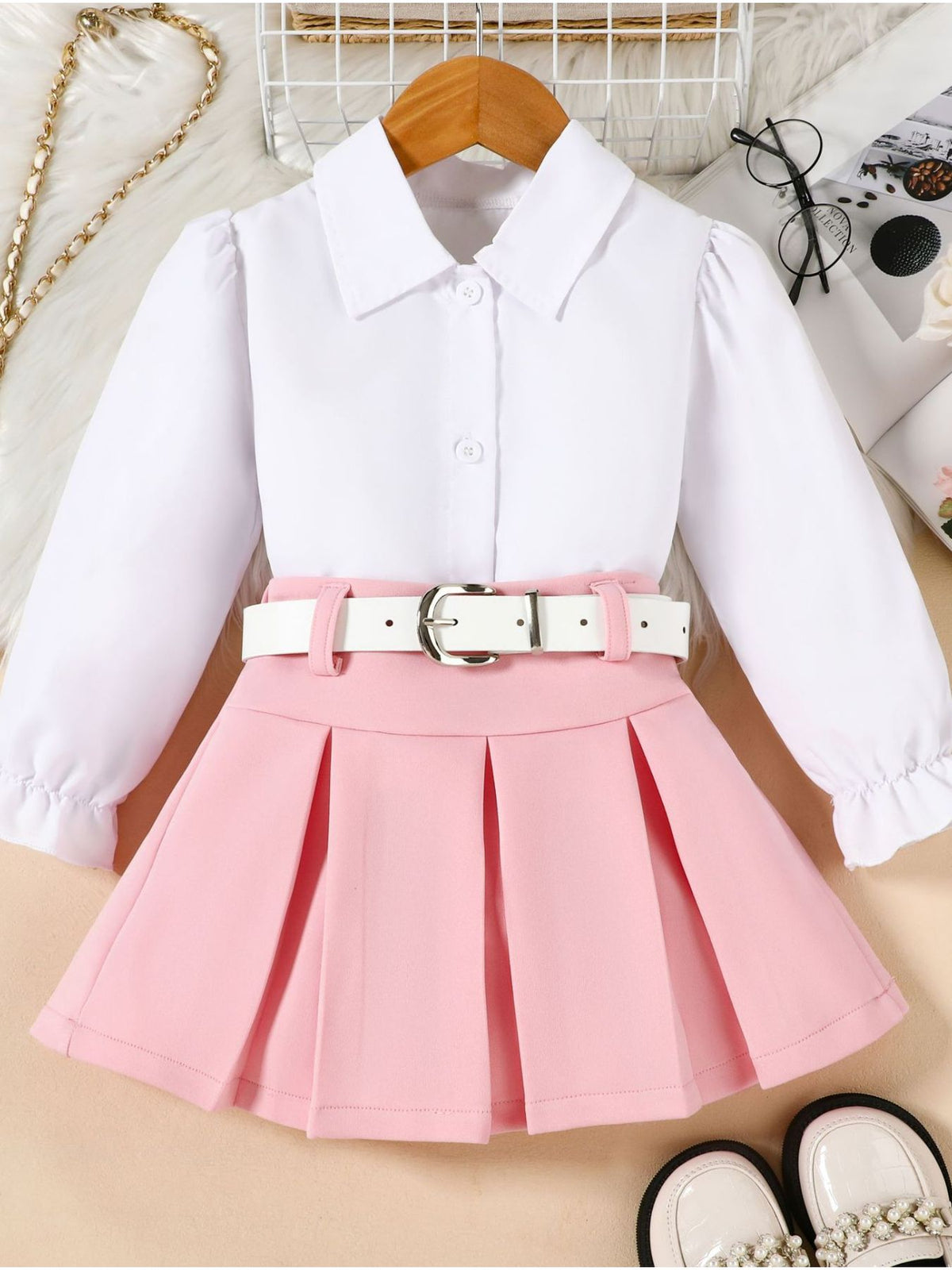 Children's Long Sleeve Shirt & Pleated Skirt Set with Belt - WYNFLARE
