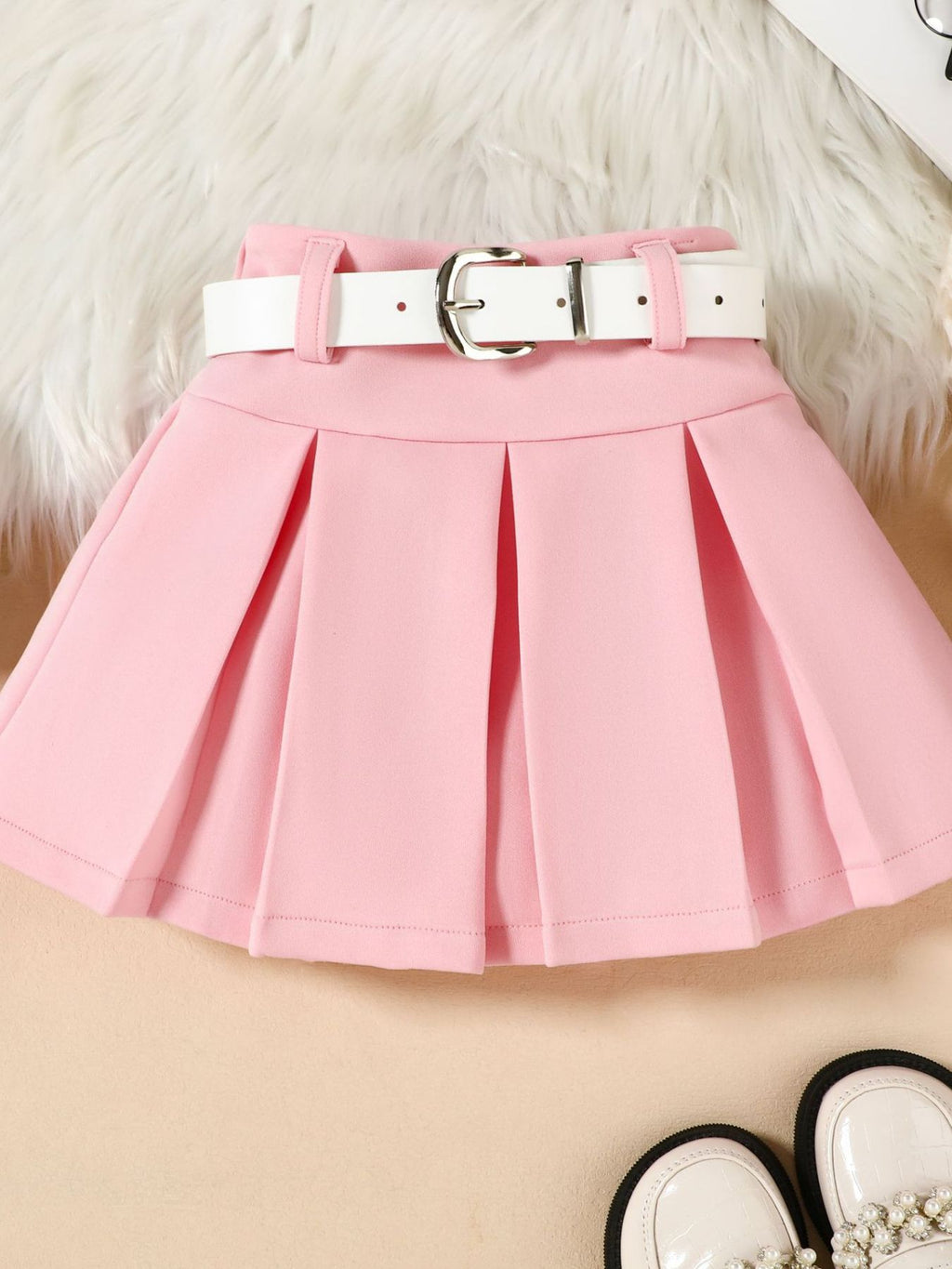 Children's Long Sleeve Shirt & Pleated Skirt Set with Belt - WYNFLARE