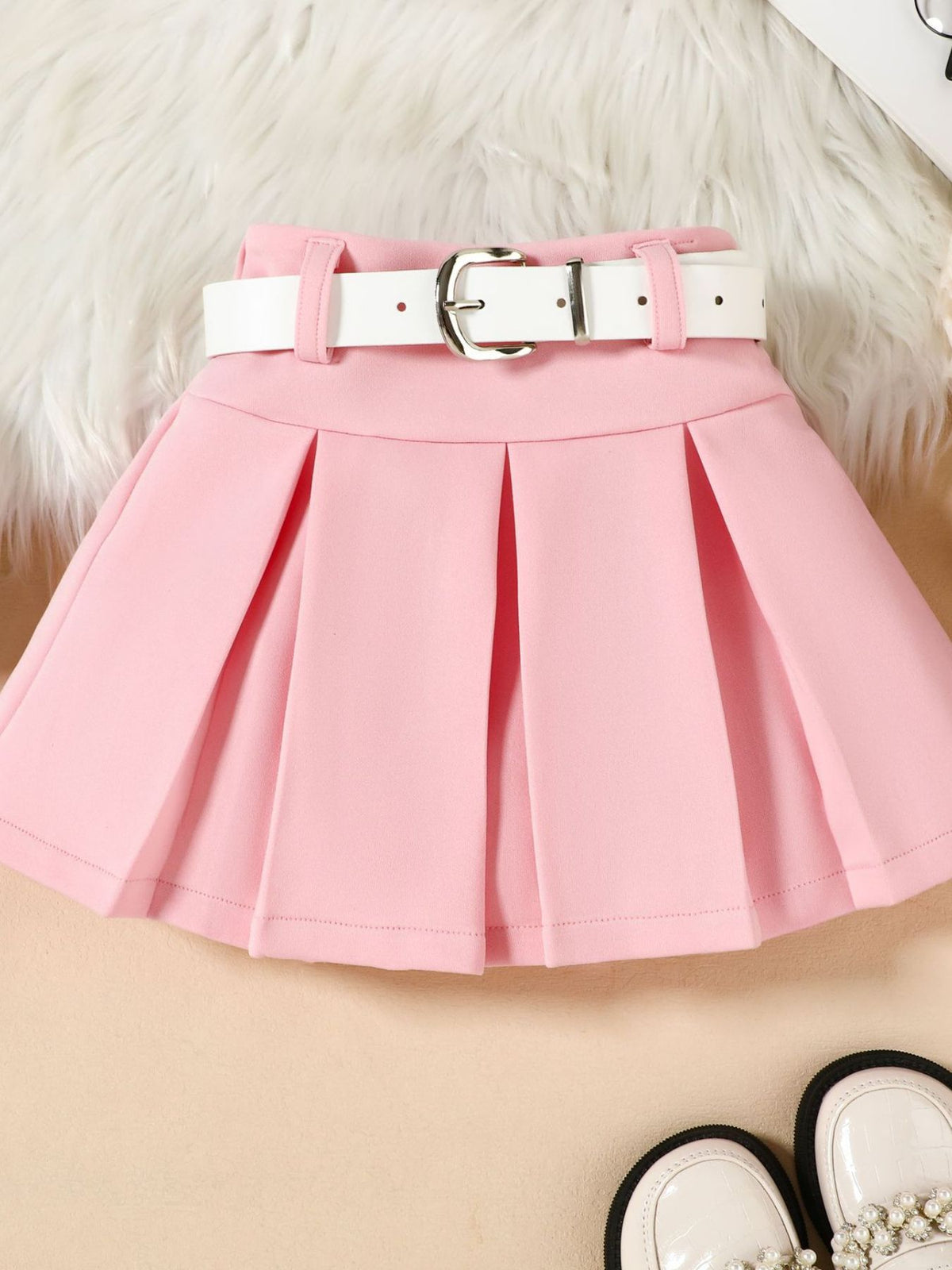 Children's Long Sleeve Shirt & Pleated Skirt Set with Belt - WYNFLARE