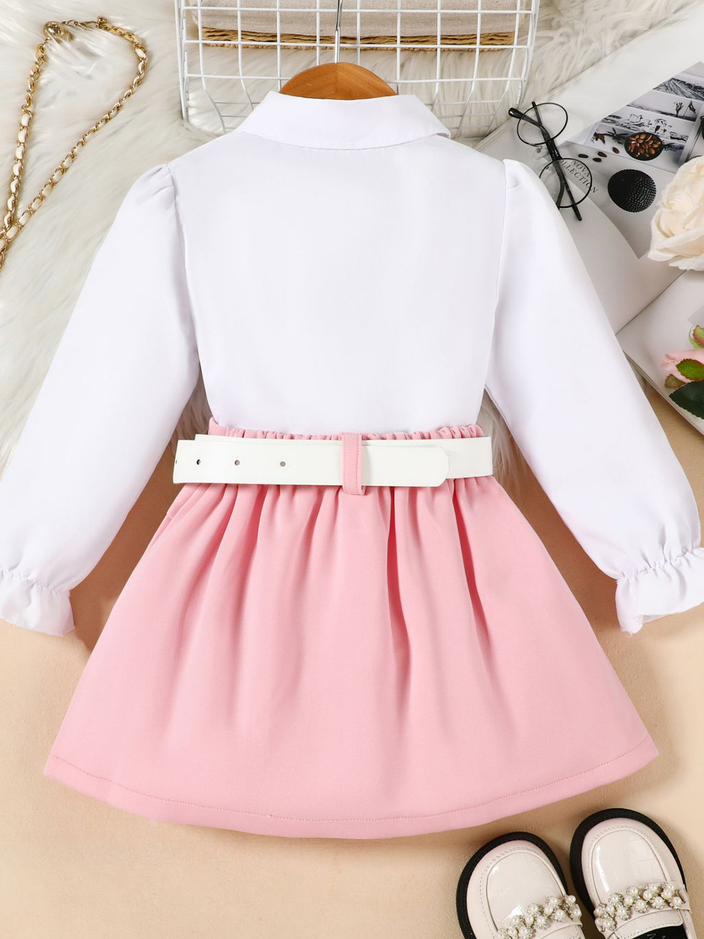 Children's Long Sleeve Shirt & Pleated Skirt Set with Belt - WYNFLARE