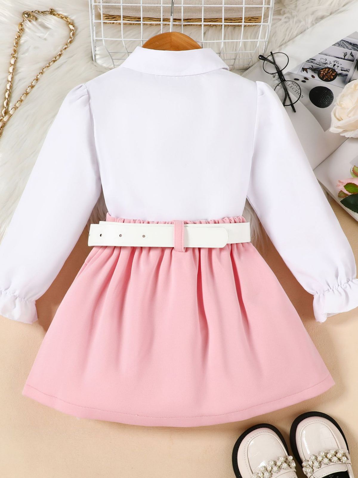 Children's Long Sleeve Shirt & Pleated Skirt Set with Belt - WYNFLARE
