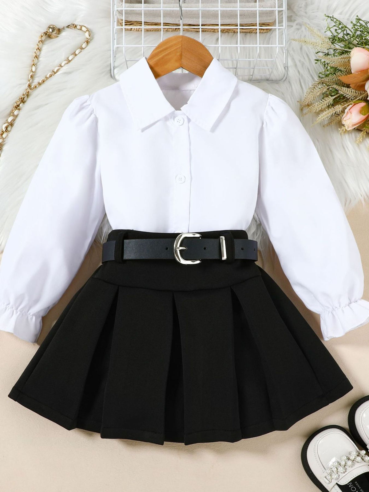 Children's Long Sleeve Shirt & Pleated Skirt Set with Belt - WYNFLARE