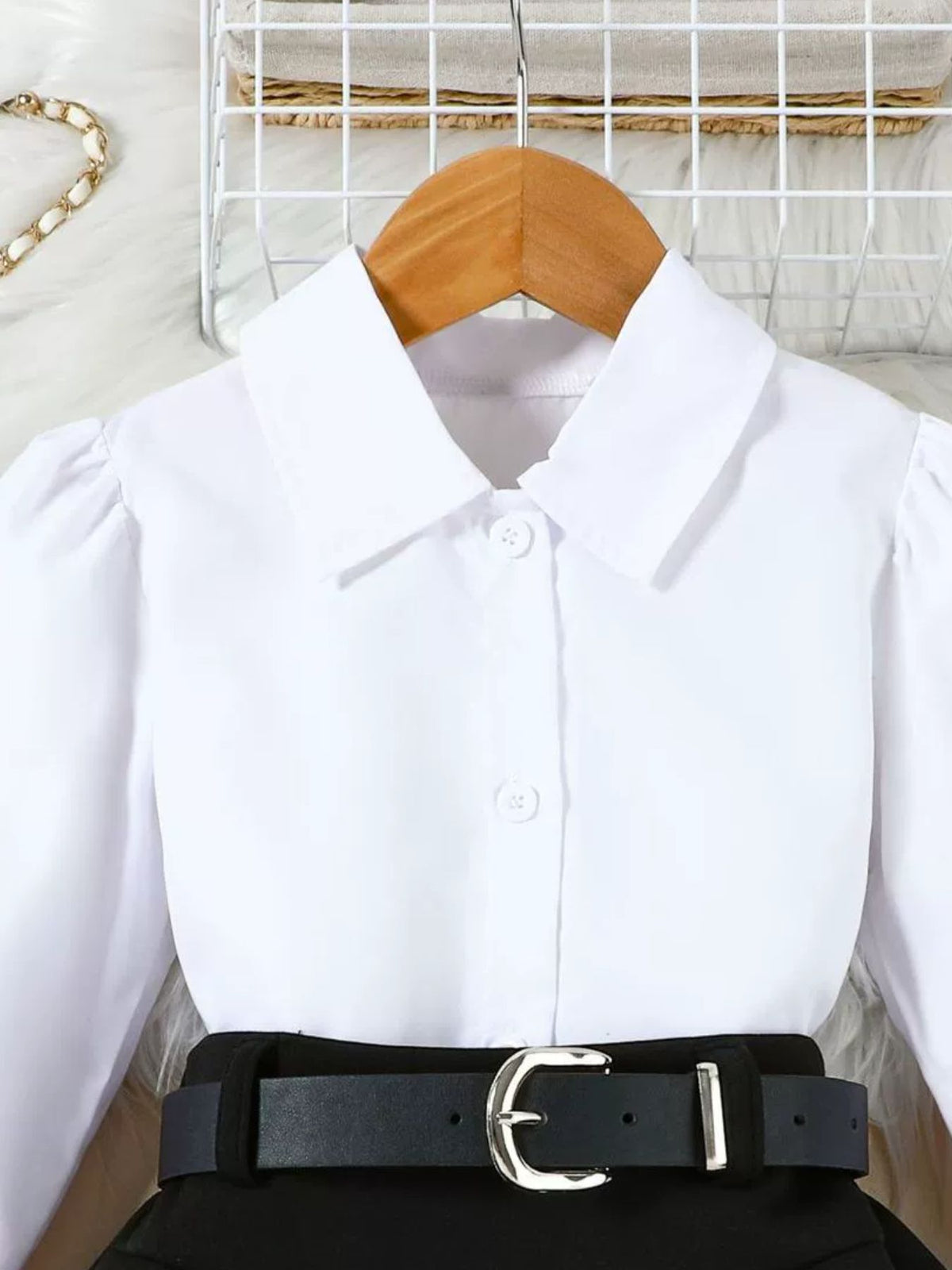Children's Long Sleeve Shirt & Pleated Skirt Set with Belt - WYNFLARE