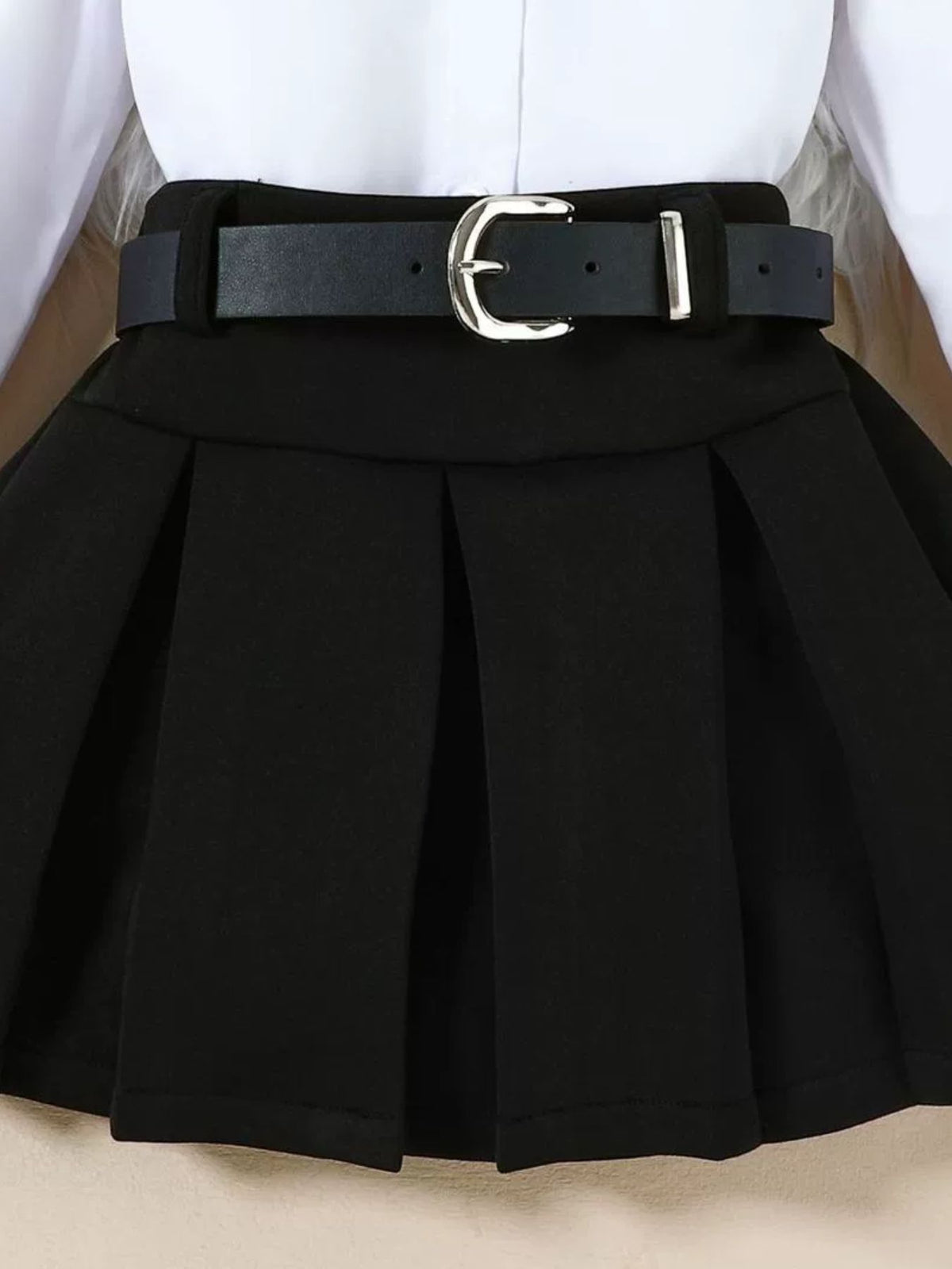 Children's Long Sleeve Shirt & Pleated Skirt Set with Belt - WYNFLARE