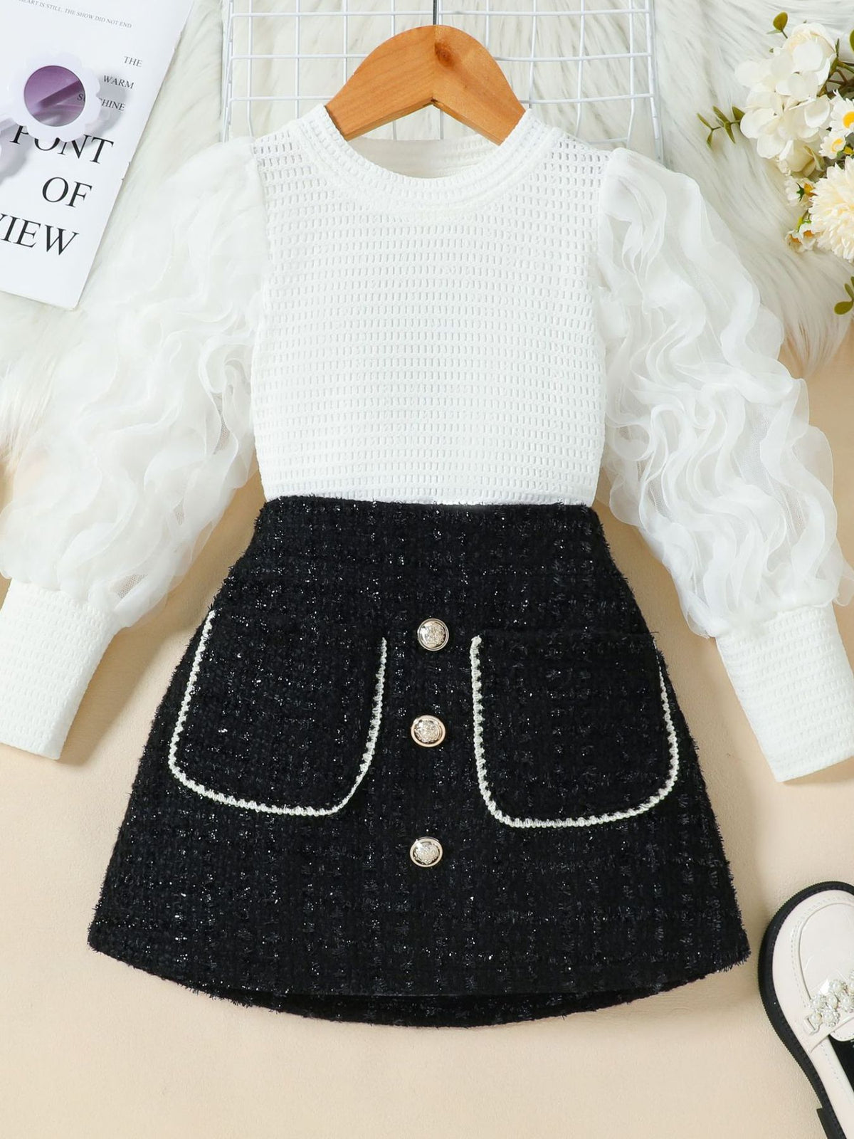 Children's Openwork Top and Tweed Skirt Set - WYNFLARE