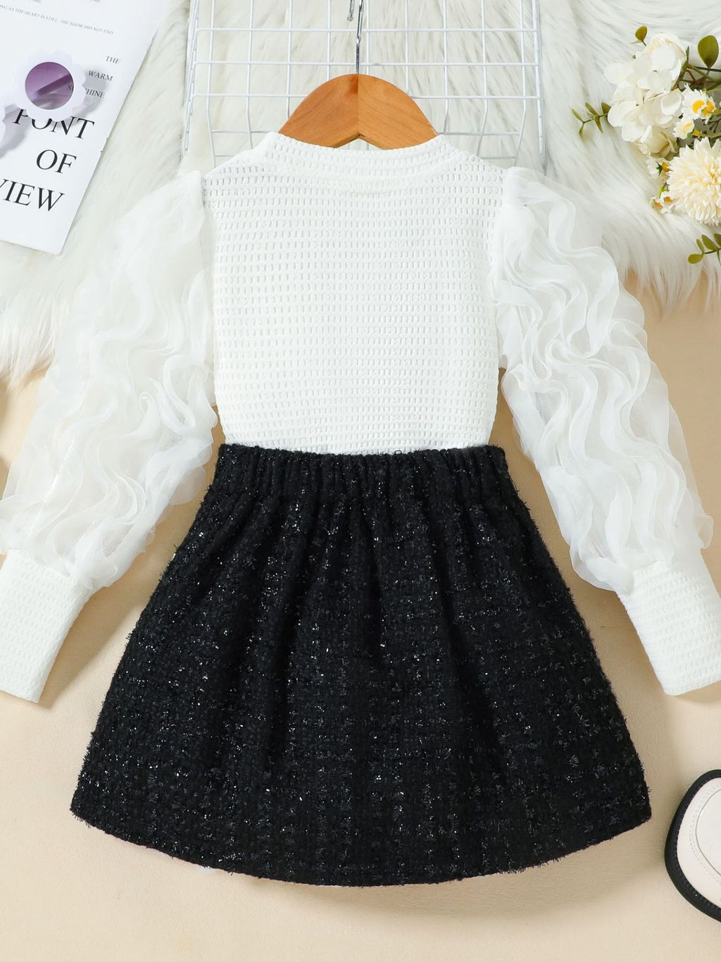 Children's Openwork Top and Tweed Skirt Set - WYNFLARE