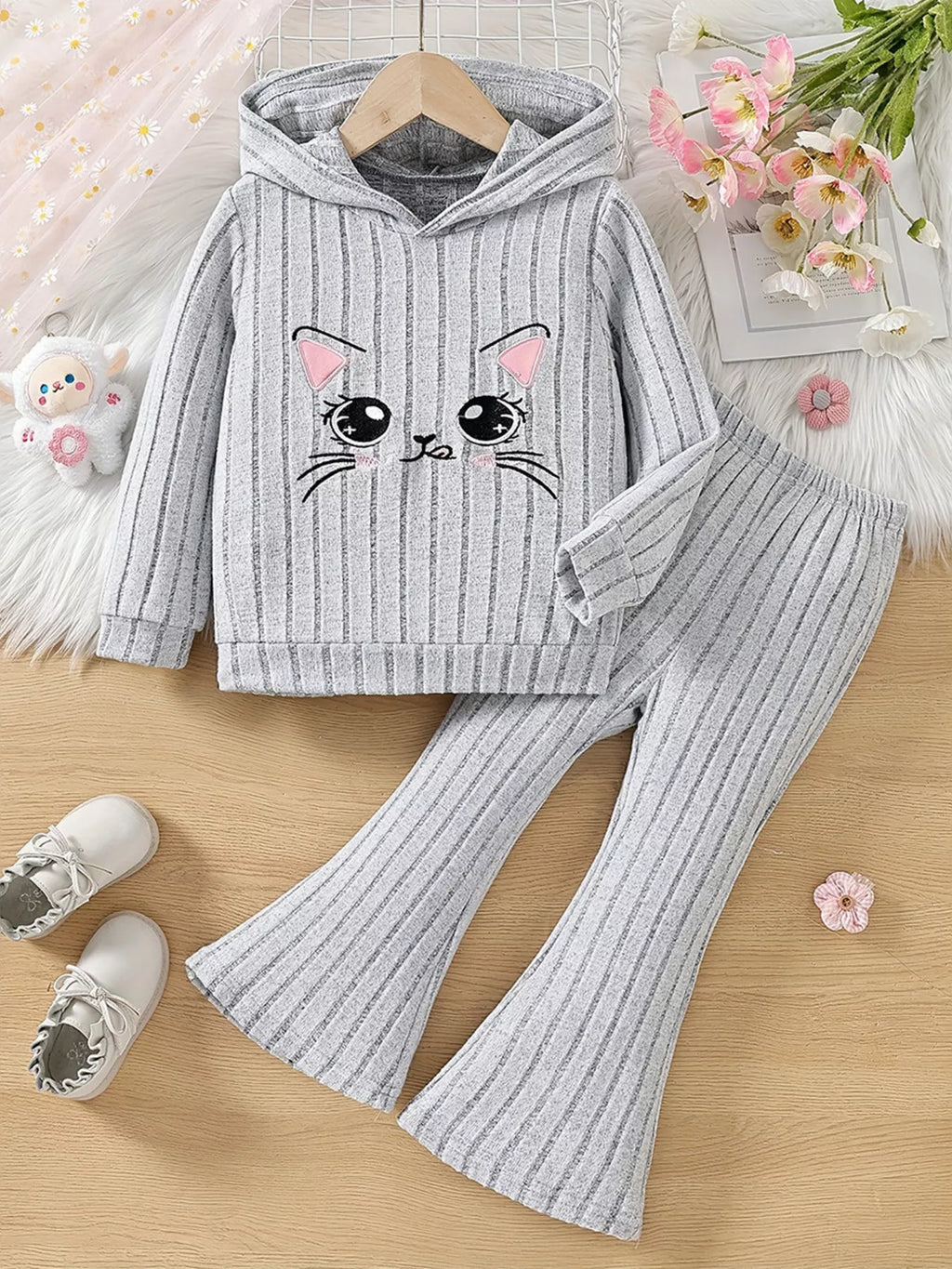 Children's Ribbed Knit Hooded Top and Pants Set - WYNFLARE