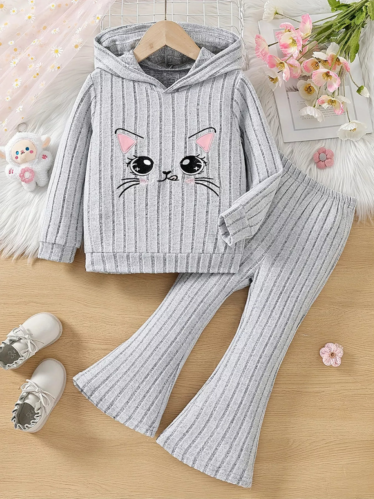 Children's Ribbed Knit Hooded Top and Pants Set - WYNFLARE