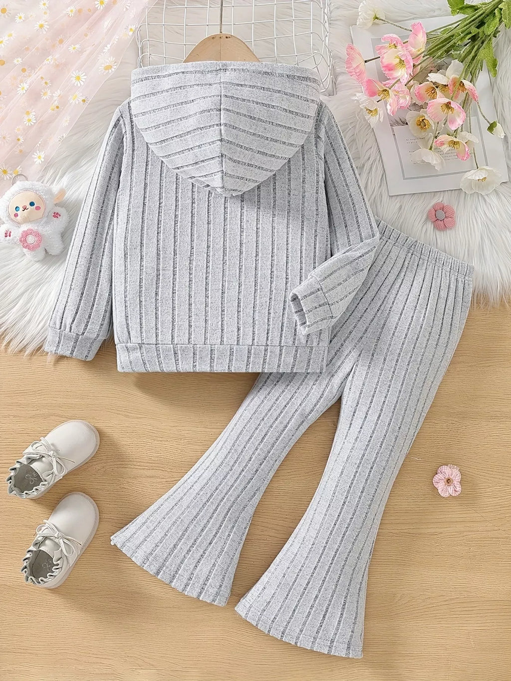 Children's Ribbed Knit Hooded Top and Pants Set - WYNFLARE