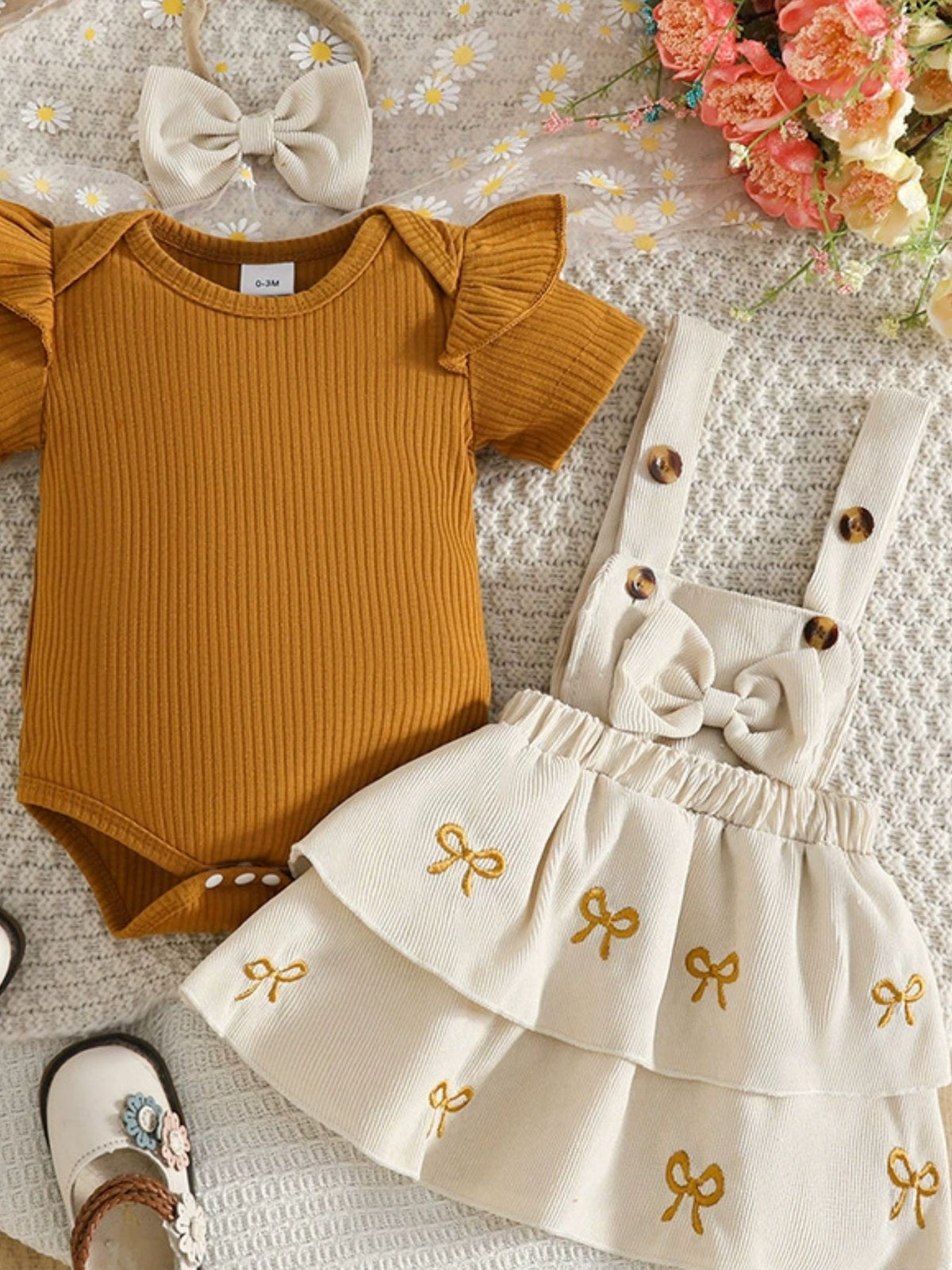 Children's Ribbed Top & Bow Decor Suspender Dress & Headband Set - WYNFLARE