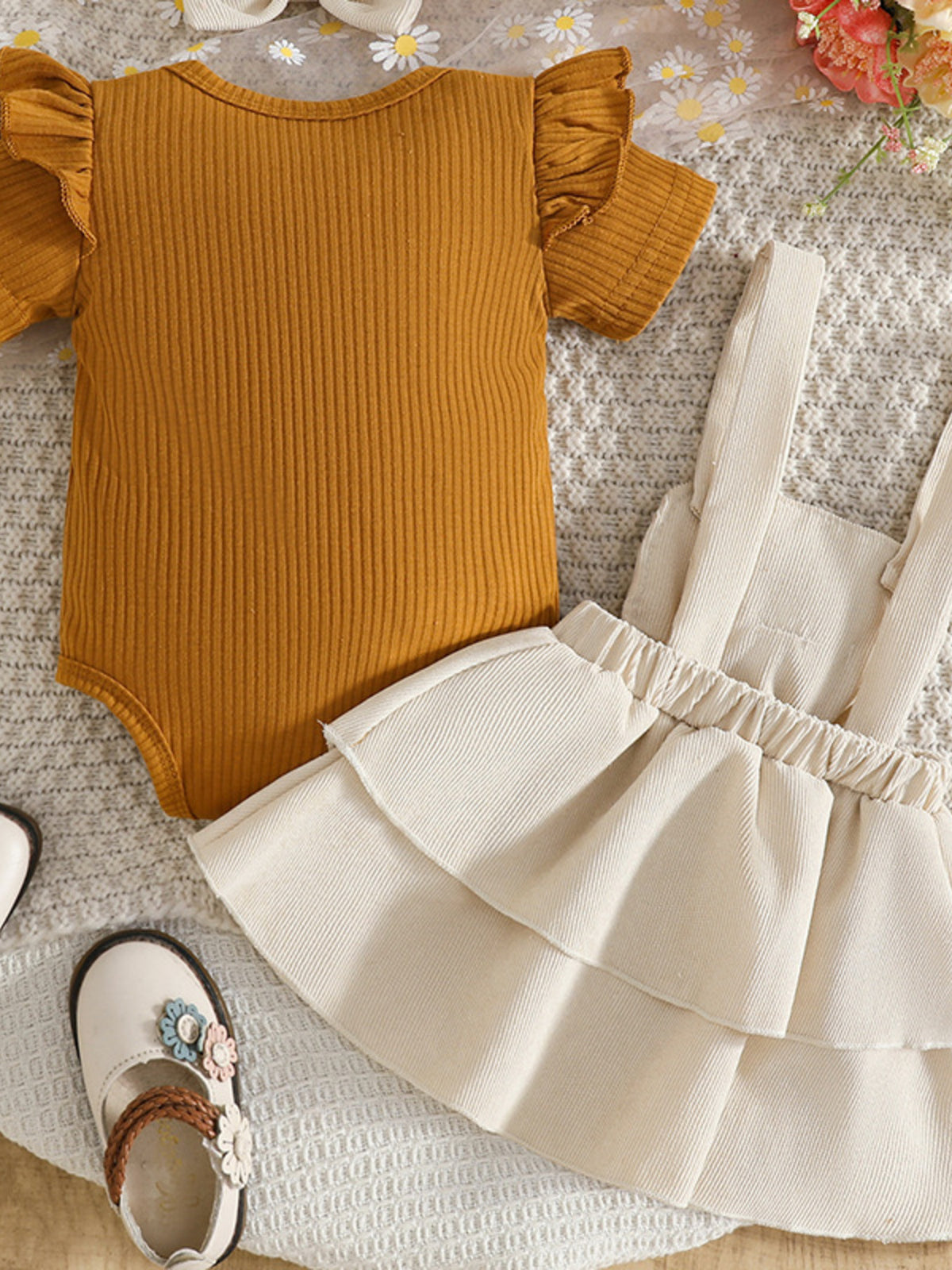 Children's Ribbed Top & Bow Decor Suspender Dress & Headband Set - WYNFLARE