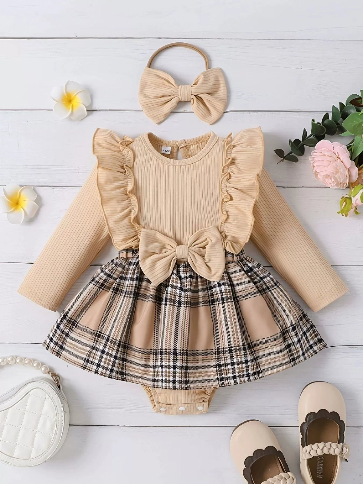 Children's Ruffle Trim Plaid Dress with Headband Set - WYNFLARE