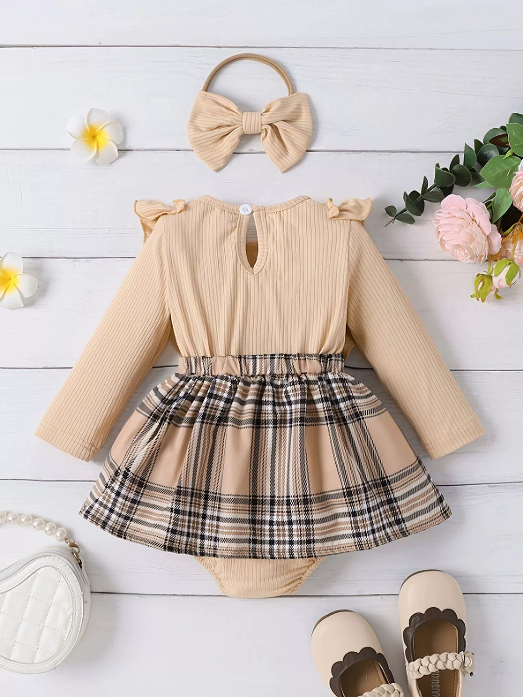 Children's Ruffle Trim Plaid Dress with Headband Set - WYNFLARE