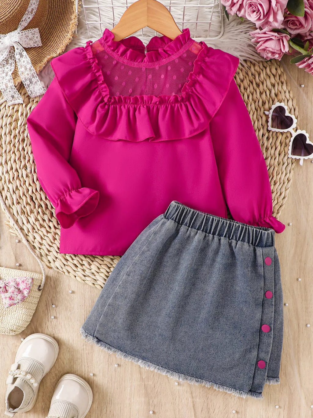 Children's Ruffled Mesh Top and Denim Skirt Set - WYNFLARE