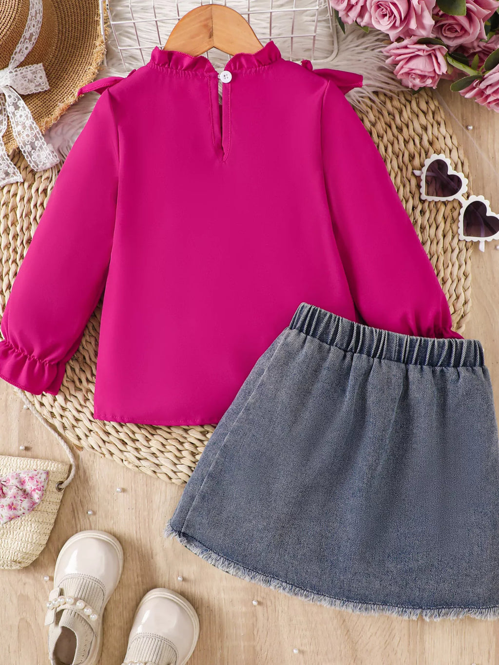 Children's Ruffled Mesh Top and Denim Skirt Set - WYNFLARE