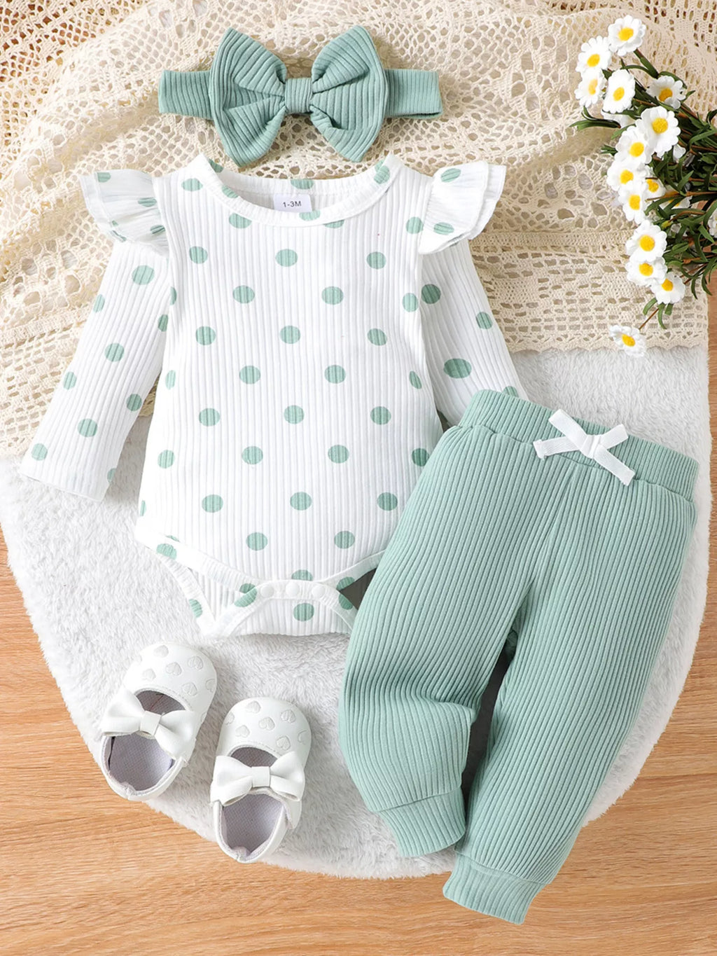 Children's Ruffled Polka Dot Bodysuit and Pants Set with Headband - WYNFLARE