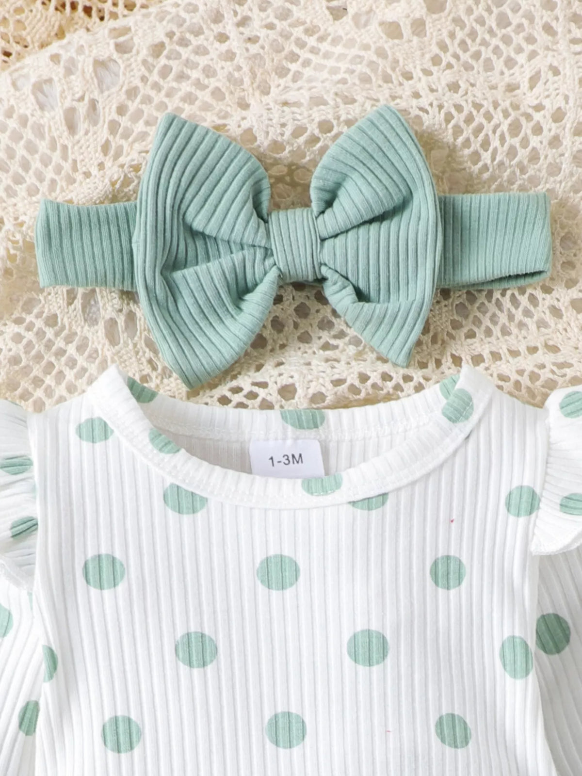 Children's Ruffled Polka Dot Bodysuit and Pants Set with Headband - WYNFLARE