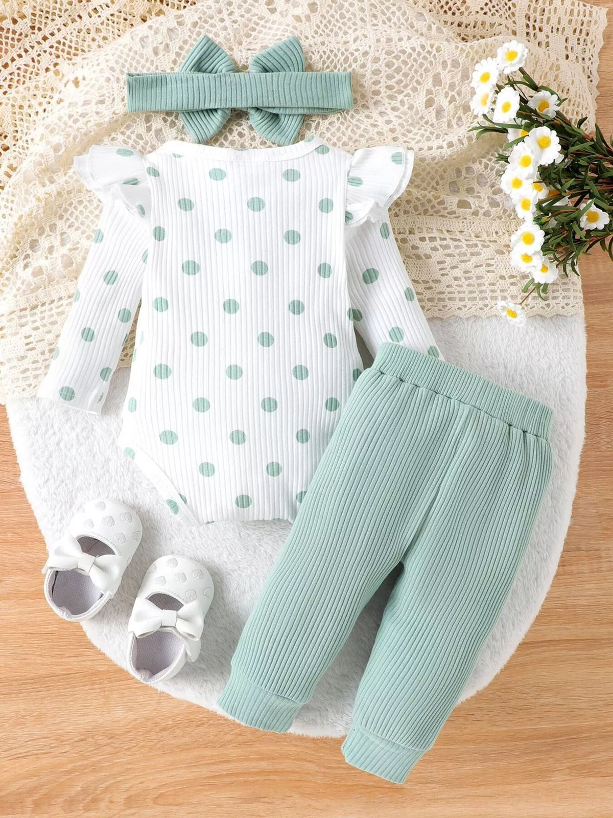 Children's Ruffled Polka Dot Bodysuit and Pants Set with Headband - WYNFLARE