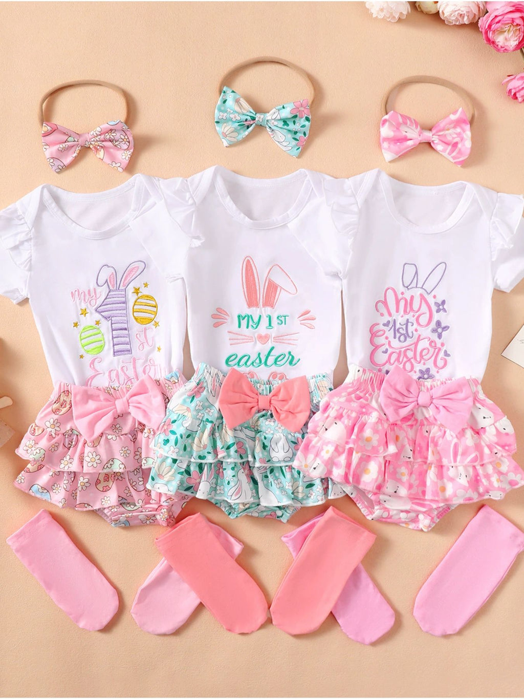 Children's Ruffled Trim Bodysuit and Skirt Set with Headband - WYNFLARE