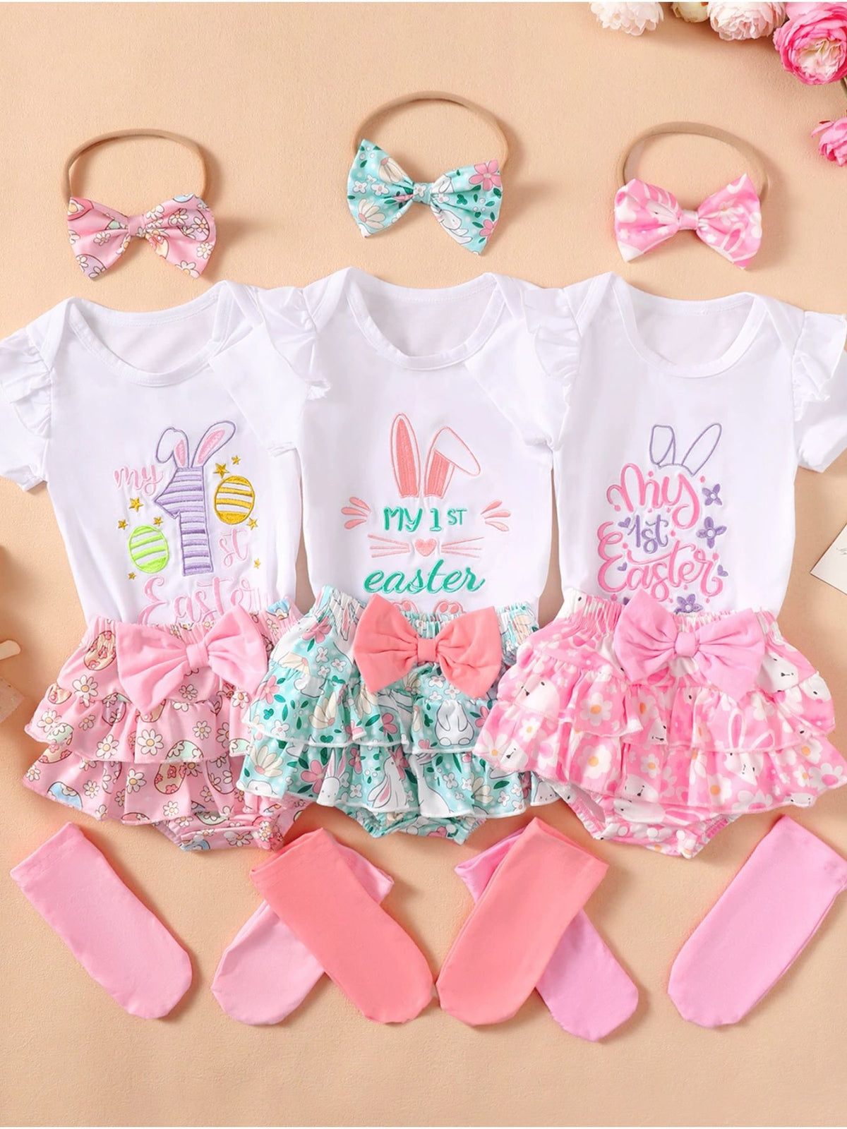 Children's Ruffled Trim Bodysuit and Skirt Set with Headband - WYNFLARE
