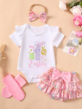 Children's Ruffled Trim Bodysuit and Skirt Set with Headband - WYNFLARE
