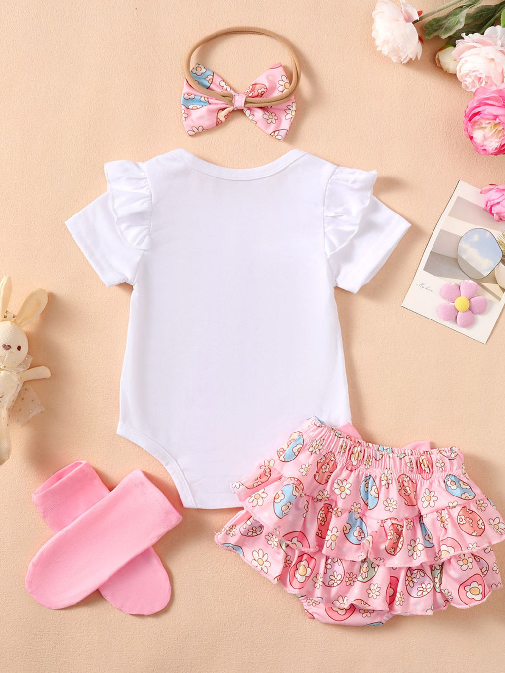 Children's Ruffled Trim Bodysuit and Skirt Set with Headband - WYNFLARE