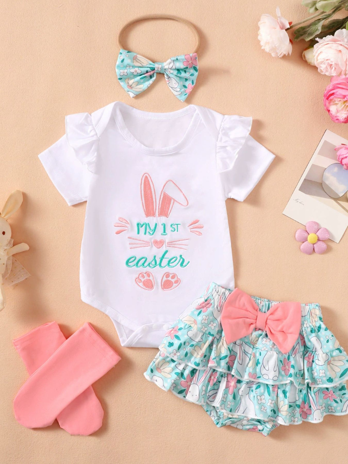 Children's Ruffled Trim Bodysuit and Skirt Set with Headband - WYNFLARE