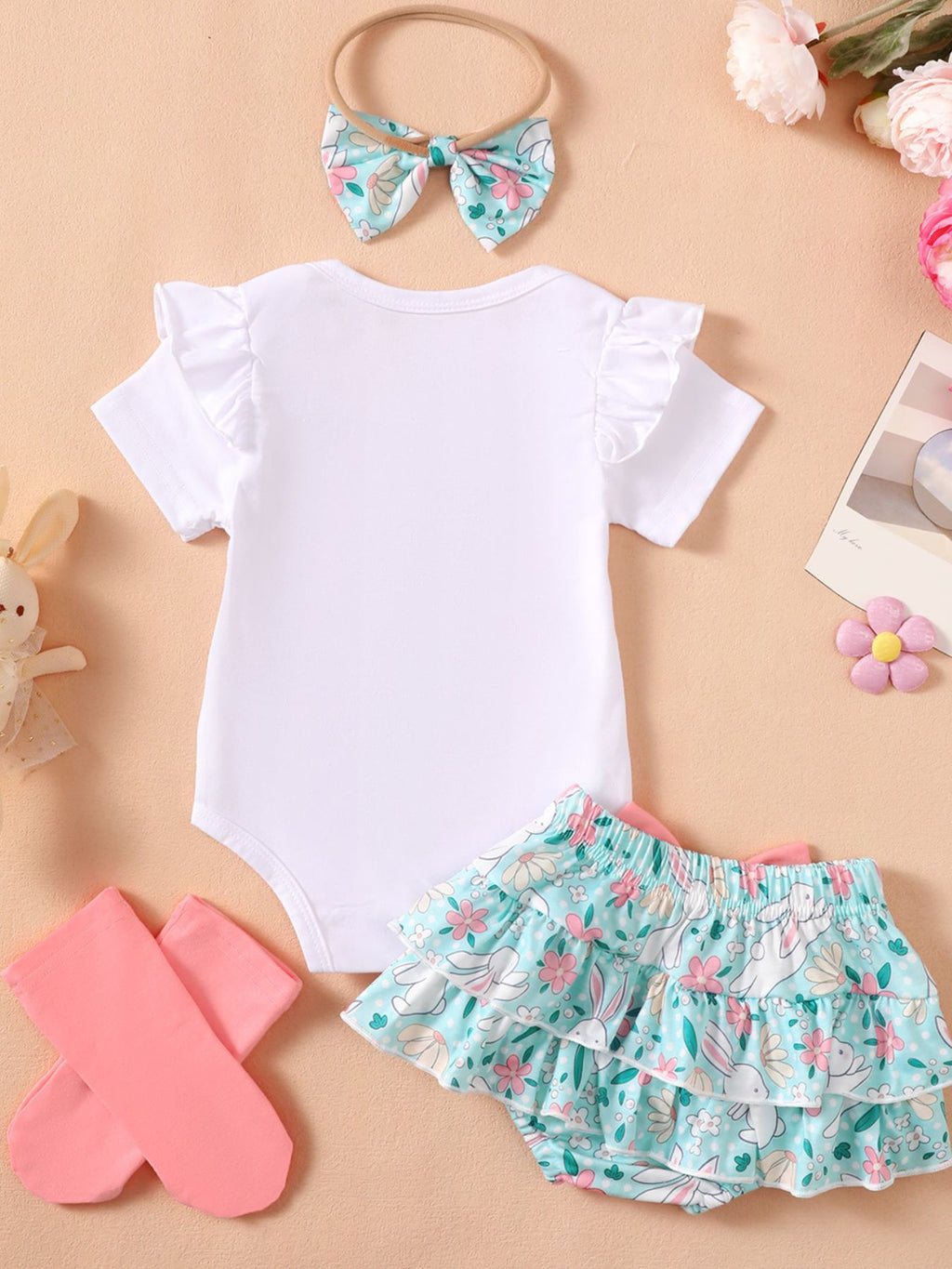 Children's Ruffled Trim Bodysuit and Skirt Set with Headband - WYNFLARE