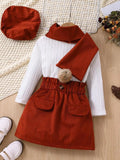 Children's Texture Knit Top and Skirt Set with Scarf & Beret - WYNFLARE