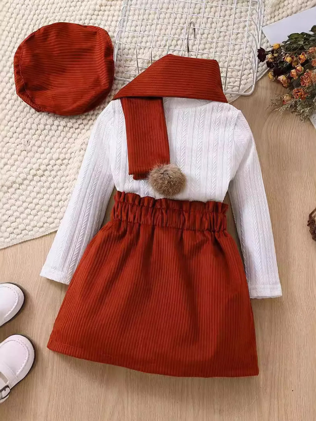 Children's Texture Knit Top and Skirt Set with Scarf & Beret - WYNFLARE