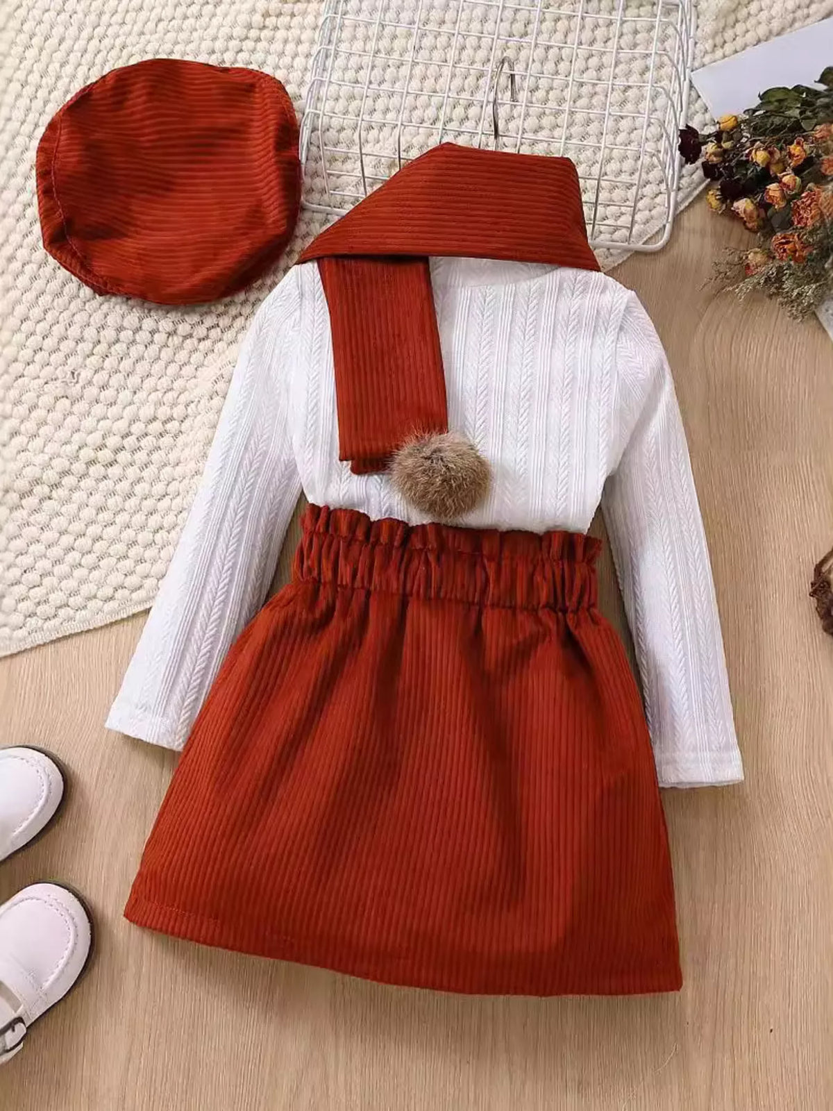Children's Texture Knit Top and Skirt Set with Scarf & Beret - WYNFLARE