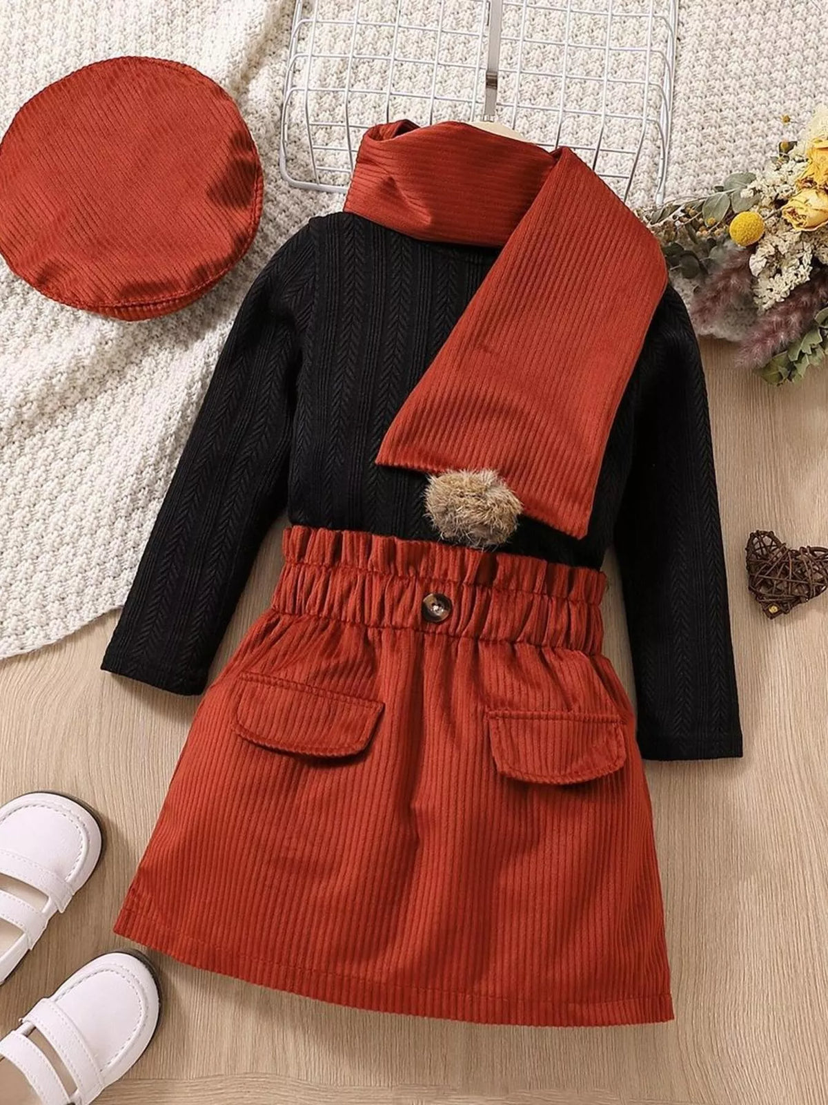 Children's Texture Knit Top and Skirt Set with Scarf & Beret - WYNFLARE