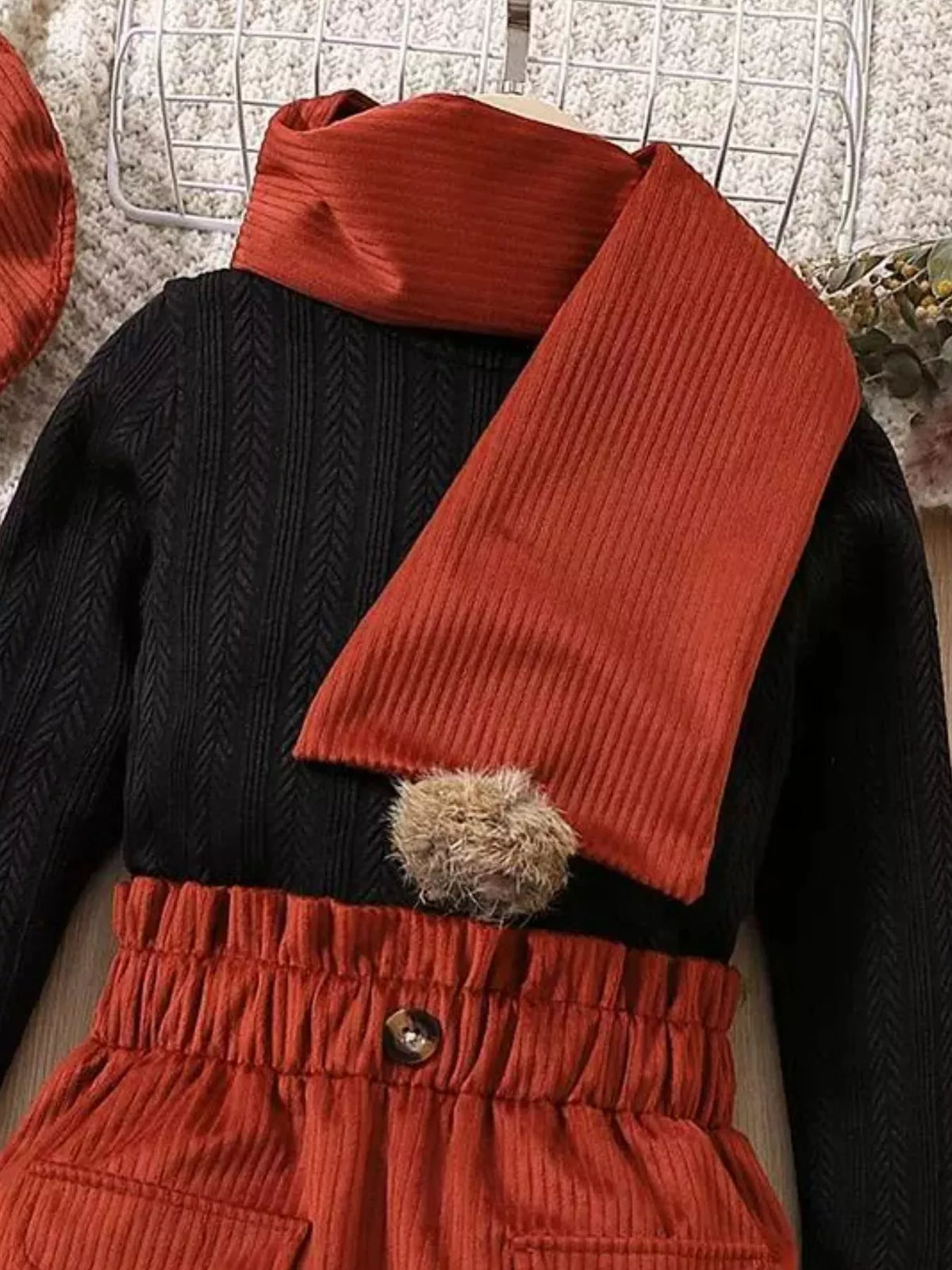 Children's Texture Knit Top and Skirt Set with Scarf & Beret - WYNFLARE
