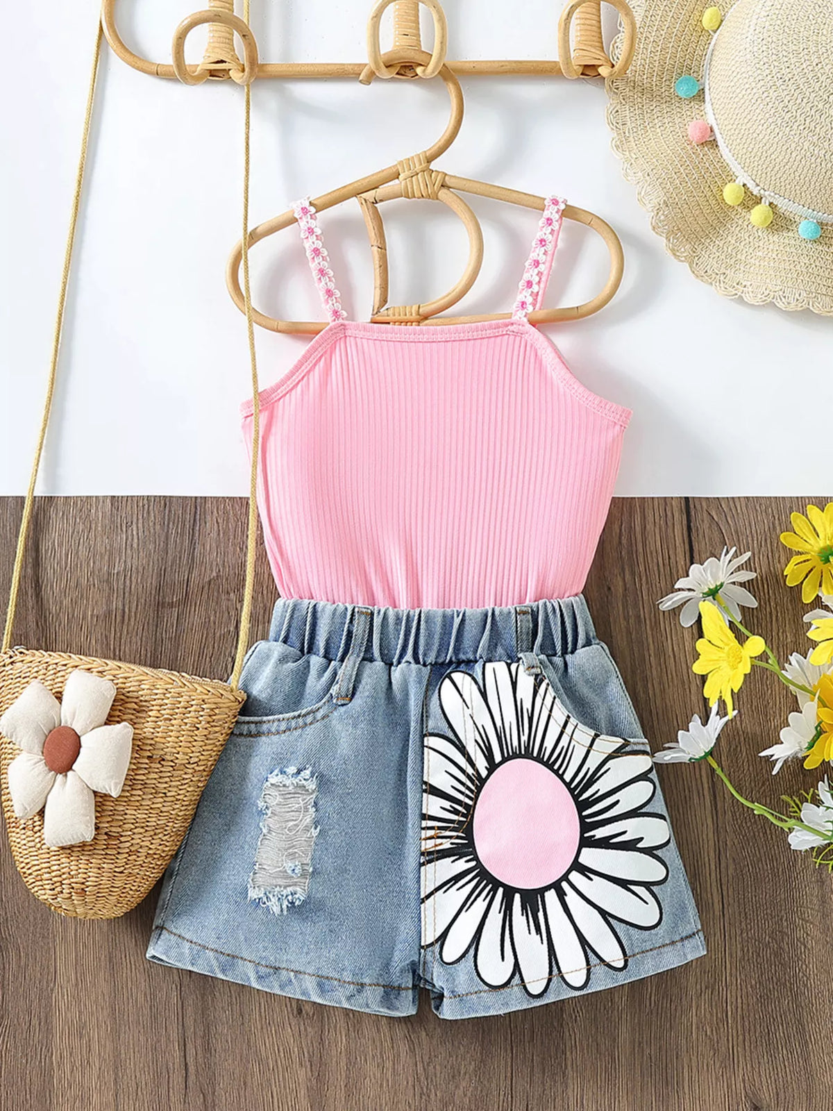 Children's Top & Sunflower Denim Shorts Set - WYNFLARE