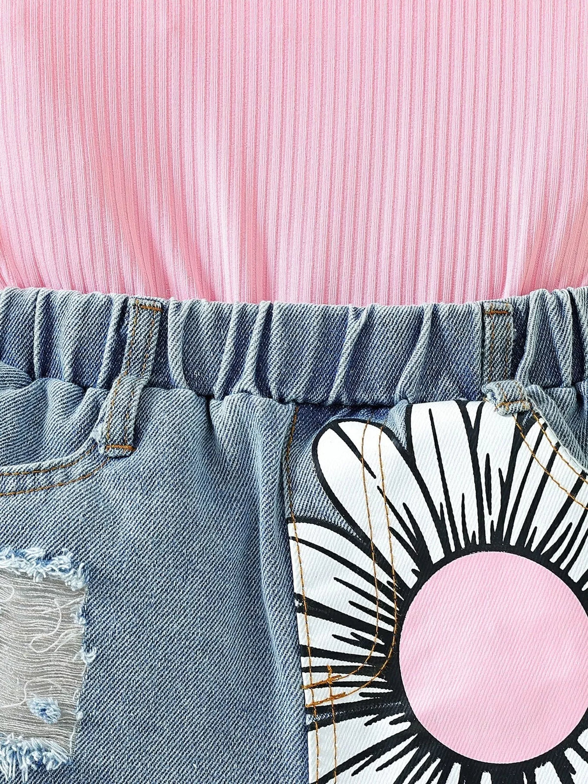 Children's Top & Sunflower Denim Shorts Set - WYNFLARE
