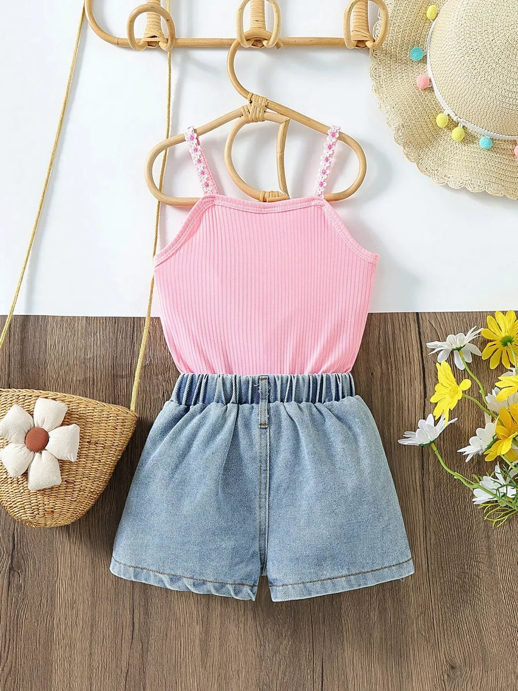 Children's Top & Sunflower Denim Shorts Set - WYNFLARE