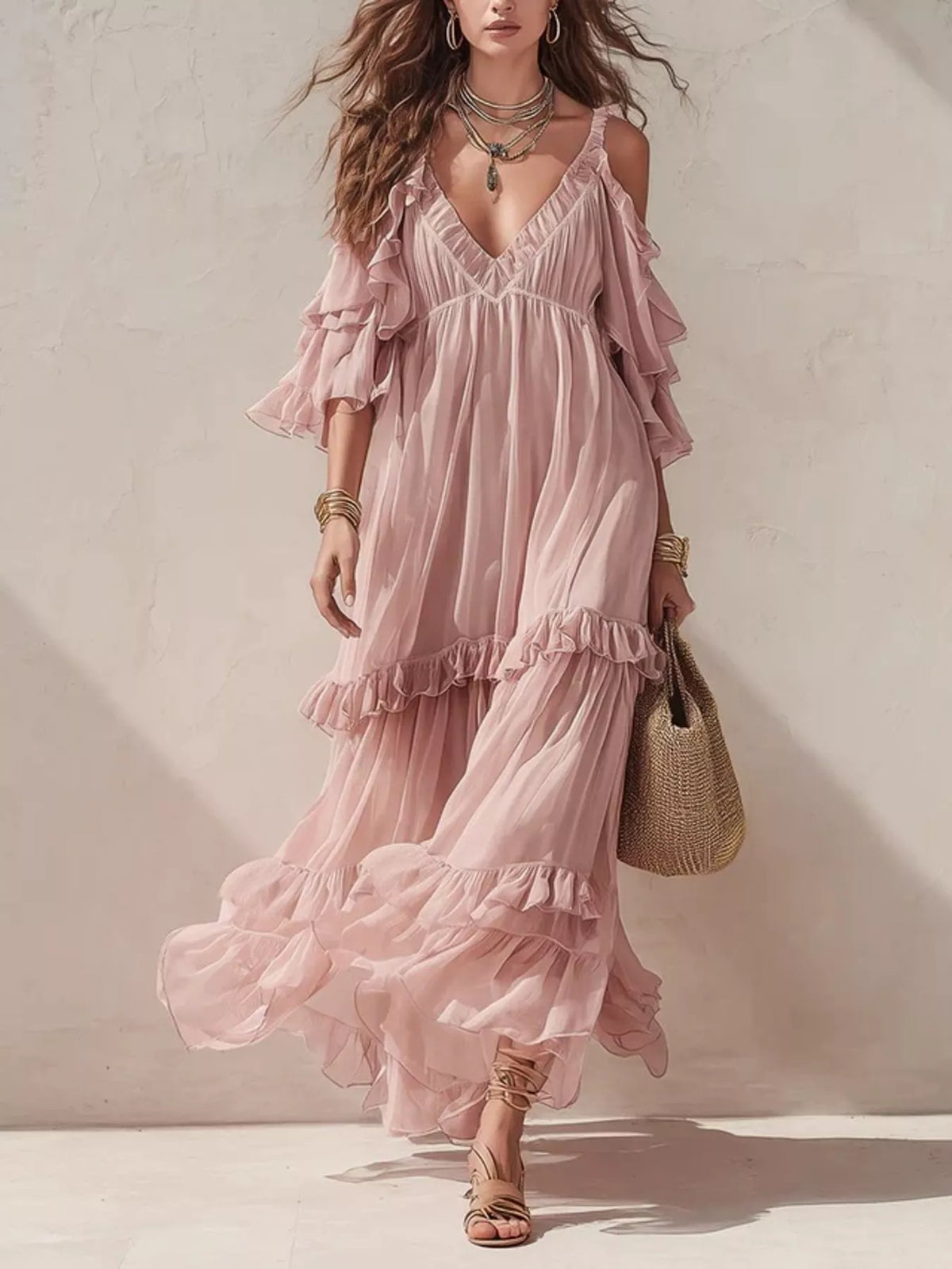Cold-Shoulder Ruffled Maxi Dress - WYNFLARE
