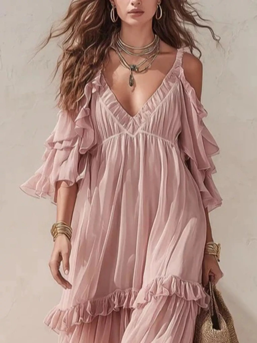 Cold-Shoulder Ruffled Maxi Dress - WYNFLARE
