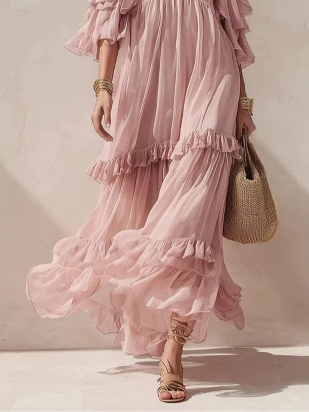 Cold-Shoulder Ruffled Maxi Dress - WYNFLARE